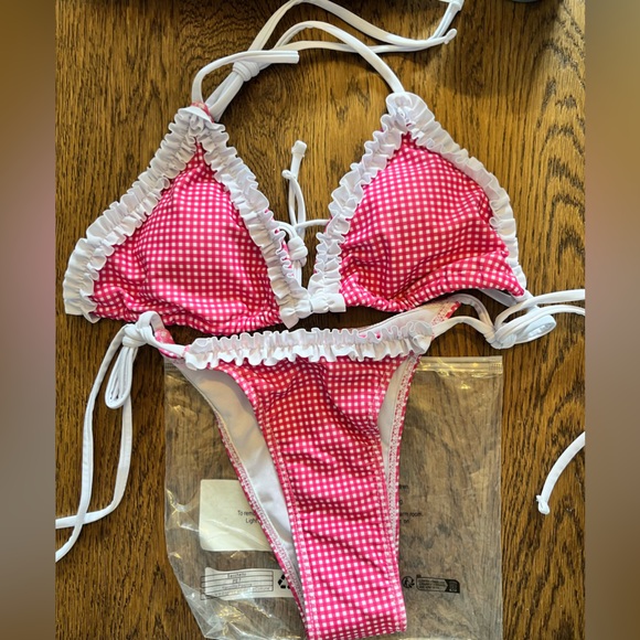 Pink Gingham Ruffle Side Tie Bikini Set - Picture 2 of 8